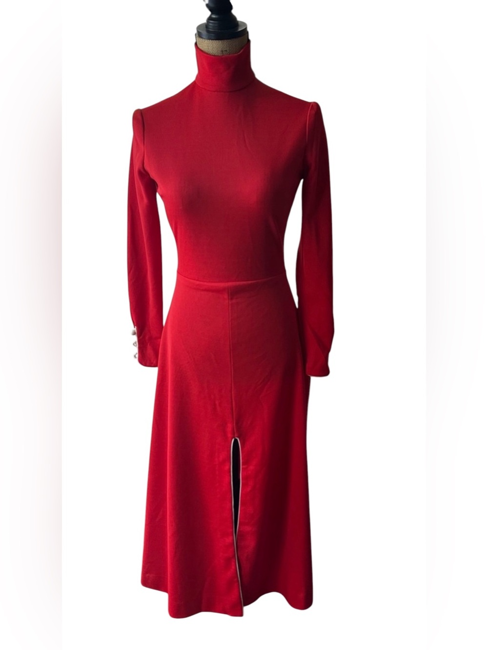 Vintage 1970s Le' Factory Red Turtleneck Slit Midi
Dress (Fits XS/S) - Picture 2 of 12